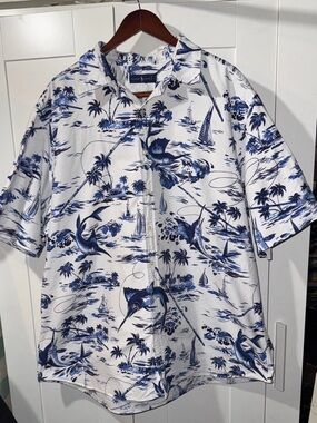 Polo Ralph Lauren Men's XXLT Marlin Fish Print Blue & White Button Front Top